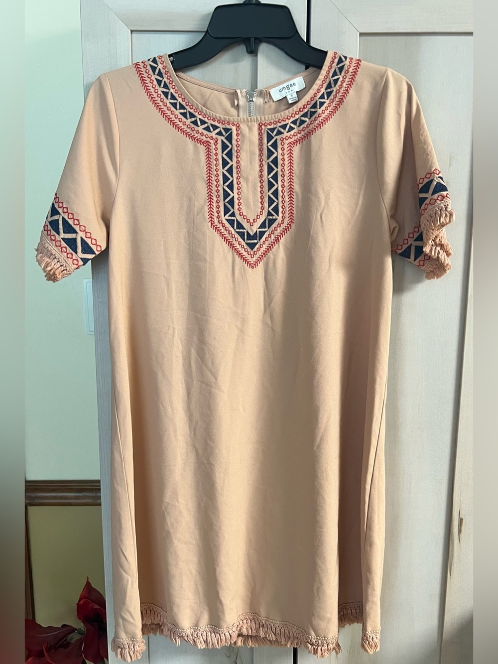 Size Small - Tan Embroidered - Short Sleeve - Fringe around Arms & Hem By: UMGEE
